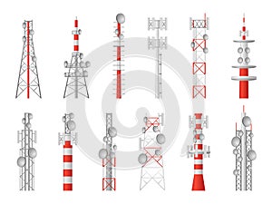 Radio towers. Telecom masts broadcast equipment, wireless station towered transmitter satellite signal, communication