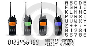 Radio transceivers. Collection of devices, font and numbers photo