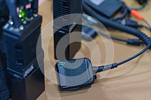Radio transceivers walkie talkie. Set of police communication device photo