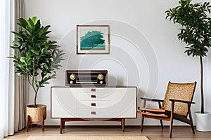 Radio on white cupboard between ficus tree and wooden armchair against white wall with gallery in retro living room interior