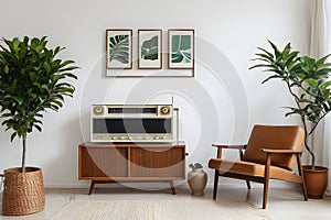 Radio on white cupboard between ficus tree and wooden armchair against white wall with gallery in retro living room interior