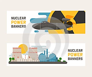 Radioactive, nuclear power plant building, explosion of bomb, atomic icons set of banners vector illustration. Flying
