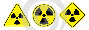 Radioactive warning sign vector set. Triangle, circle, and rectangle shape radioactivity symbols