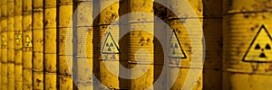 Radioactive waste in barrels, background banner