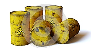 Radioactive waste in barrels, isolated with shadow on white background
