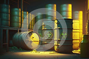 Radioactive waste in barrels, radiation storage. Created with Generative AI technology