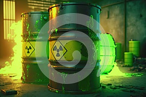 Radioactive waste in barrels, radiation storage. Created with Generative AI technology
