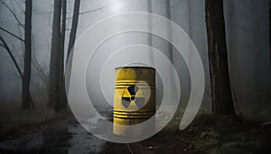 Radioactive waste in barrels thrown in the dark forest. Generated with AI