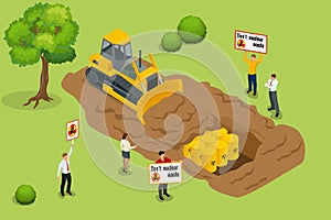 Radioactive waste concept. People protest environmental pollution with radioactive waste. Flat 3d vector isometric