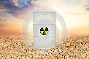Radioactive waste in wasteland. Environment protection and toxic nuclear pollution concept