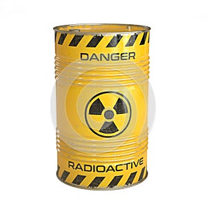 Radioactive waste yellow barrel with radioactive symbol 3d rendering