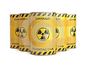 Radioactive waste yellow barrels with radioactive symbol 3d rendering