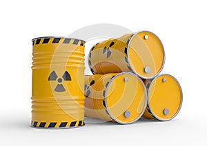 Radioactive yellow barrels isolated on white background