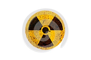 Radioactive yellow black radioactive warning ionizing radiation nuclear danger symbol rusty metal grungy texture isolated white