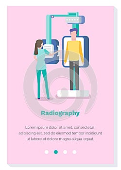 Radiography vector illustration. Website template, landing page. A girl makes fluorography to a man