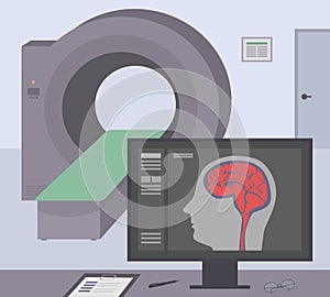 Radiologic room with a computer tomograph. MRI / CT diagnostic scanner and monitor to scan the human brain on the screen.