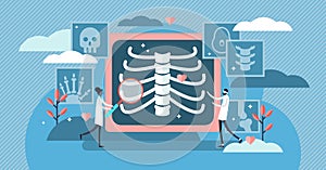 Radiology vector illustration. Flat tiny xray skeleton bones person concept