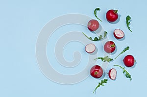 Radish and arugula with shadow on blue background as border, top view, copy space. Colorful spring vegetable background.