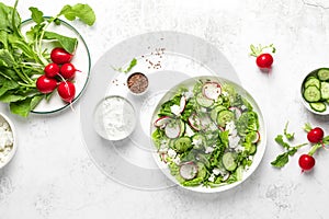 Radish and cucumber fresh green leafy vegetable salad with romaine lettuce, cottage cheese and yogurt