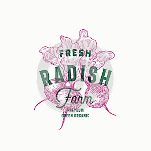 Radish Farm Abstract Vector Sign, Symbol or Logo Template. Hand Drawn Vegetables with Leaves Sketch with Retro