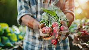 radish in farmer& x27;s hands selective focus photo