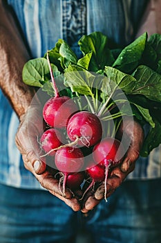 radish in farmer& x27;s hands selective focus photo