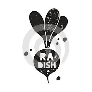 Radish grunge sticker. Black texture silhouette with lettering inside. Imitation of stamp, print with scuffs