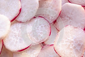 Radish slices. Flat view for backgroung image