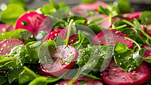 a radish and watercress salad, highlighting spicy radish slices, peppery watercress, and a zesty citrus dressing