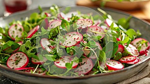 a radish and watercress salad, highlighting spicy radish slices, peppery watercress, and a zesty citrus dressing