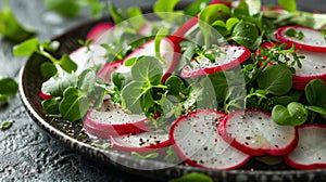 a radish and watercress salad, highlighting spicy radish slices, peppery watercress, and a zesty citrus dressing