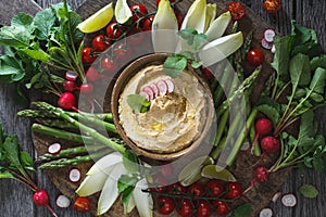 Radishes Hummus with Veggies Dips. Vegetarian Food