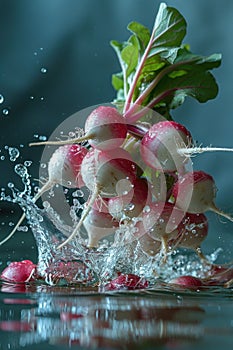Radishes in water jets: the freshness of nature and taste