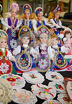 Raditional magyar dolls puppets in folk costume(traditional Hungarian clothing) in Budapest Great Market.