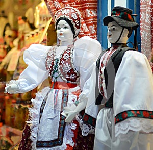 Raditional magyar dolls puppets in folk costume(traditional Hungarian clothing) in Budapest Great Market.