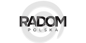 Radom in the Poland emblem. The design features a geometric style, vector illustration with bold typography in a modern font. The