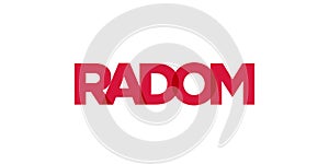 Radom in the Poland emblem. The design features a geometric style, vector illustration with bold typography in a modern font. The