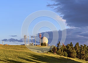 Radom radar dome and radio antennas on Wasserkuppe mountain, Poppenhausen, Hesse, Germany