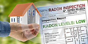 RADON INSPECTION REPORT CONCEPT - Low-Level Radon Exposure - Testing Report concept with home model photo
