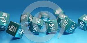 Radon Rn - radioactive chemical element, rare gas - used in geology, medicine. Promotional education periodic symbol, sign,