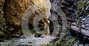 Radovna river flows in Vintgar Gorge. Wooden bridges. Triglav National Park