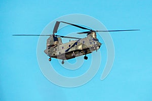 RAF Chinook helicopter in flight.