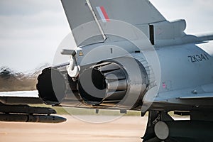 RAF Coningsby Modern Typhoon Eurofighter military combat jet fighters aircraft stationary on runway with engine running heat blur