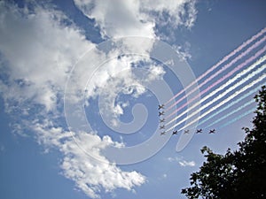 RAF Red Arrows display team in flight