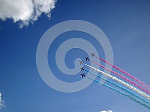 RAF Red Arrows display team in flight