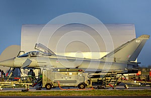 RAF Typhoons in preparation under a blue sky stock - photo