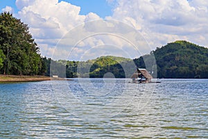 The raft in the dam. middle of the water There is a small house