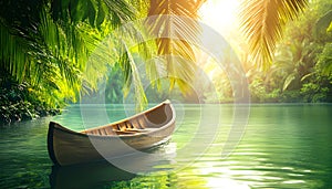 A raft floating down a wild jungle river