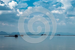 The raft floating fish farming and sky in Krasiew dam ,Supanburi Thailand.