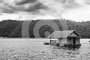 Raft house on green water black and white.